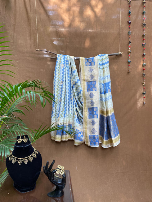 Peacock Indigo Bagh Print Banarasi Saree