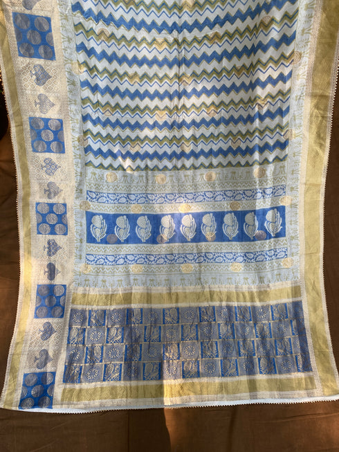 Indigo Bagh print Banarasi Silk Saree