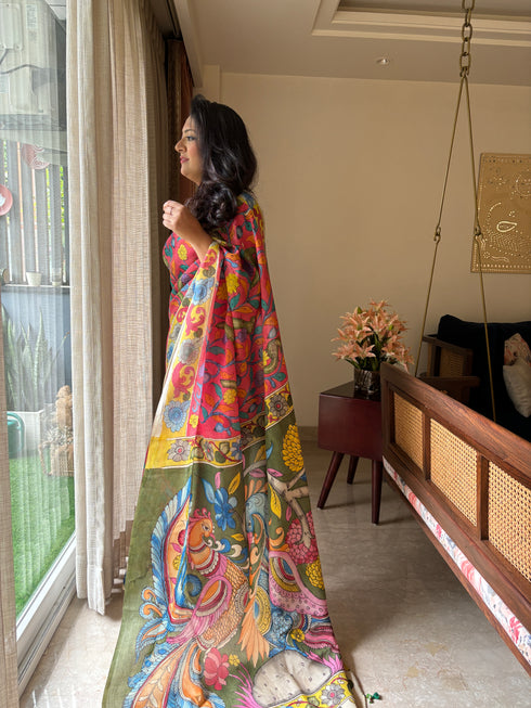 Mor Srikalahasti Pure Silk Kalamkari Saree