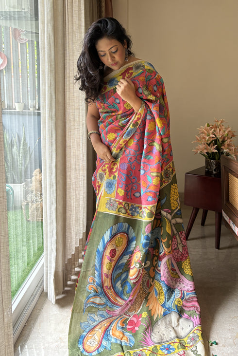 Mor Srikalahasti Pure Silk Kalamkari Saree