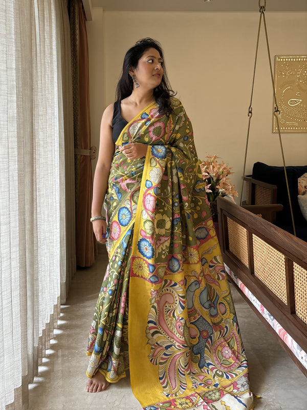 Mor Srikalahasti Pure Silk Kalamkari Saree