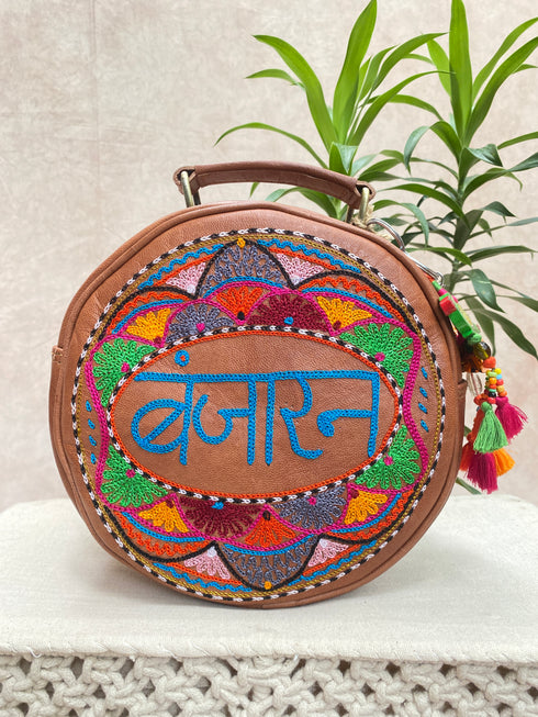 Banjaran Round Kashidakari Leather Bag