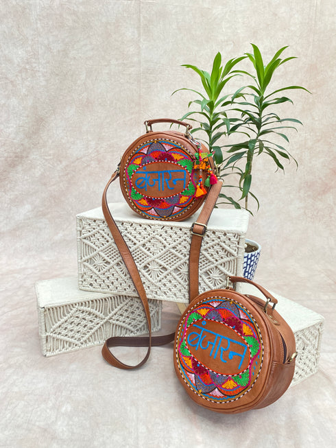 Banjaran Round Kashidakari Leather Bag