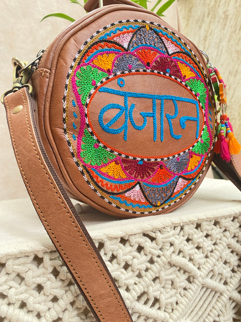 Banjaran Round Kashidakari Leather Bag