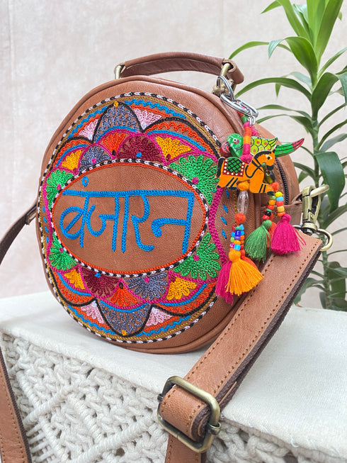 Banjaran Round Kashidakari Leather Bag