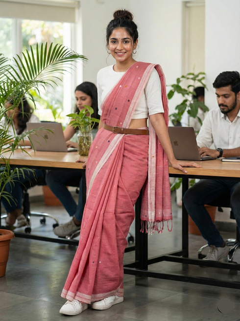 Woman in a pink saree standing in an office setting with colleagues working on laptops.