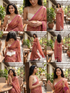 Woman in a pink saree in various poses in an outdoor setting