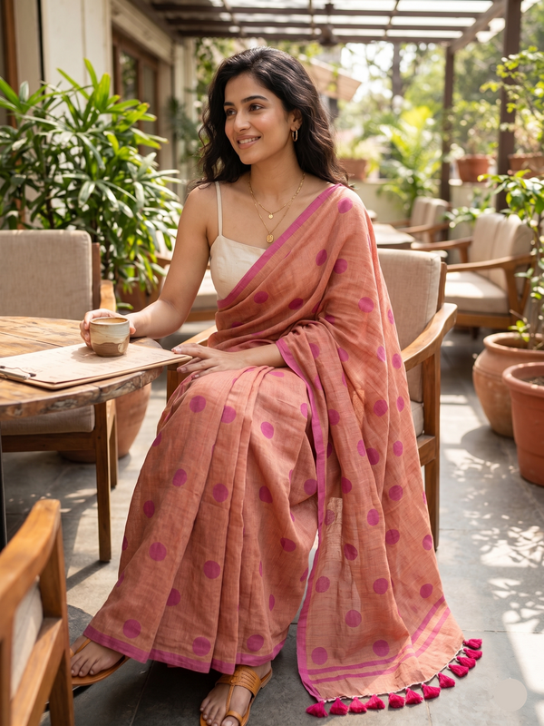Woman in a pink saree with a white blouse sitting outdoors with plants and furniture in the background.