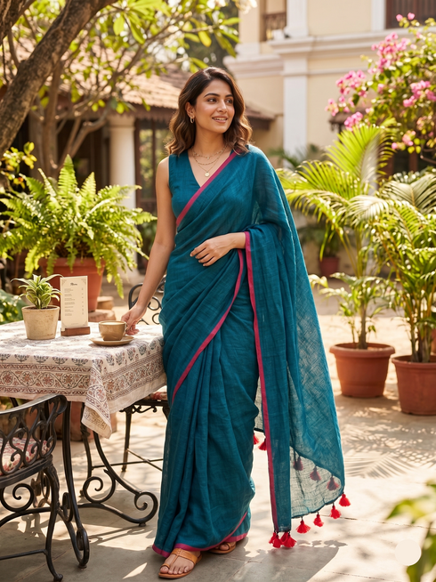 Woman in a teal saree with pink border standing outdoors near a table with plants.