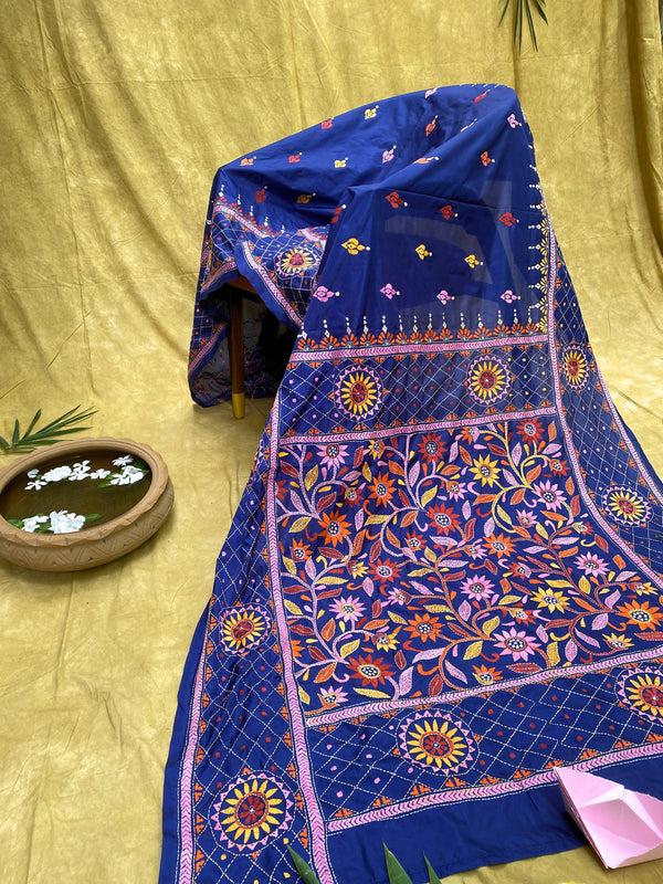 Chuski- Blue Kantha Silk Saree from Bengal