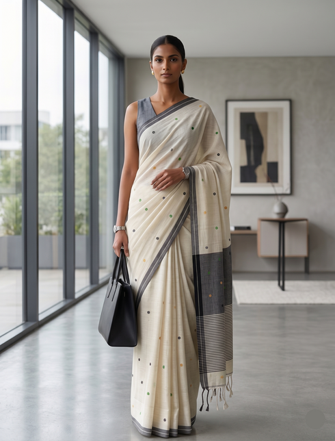Woman in a beige saree with black patterns standing in a modern room.