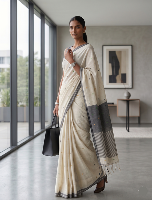 Woman in a cream saree with a black border standing in a modern room.