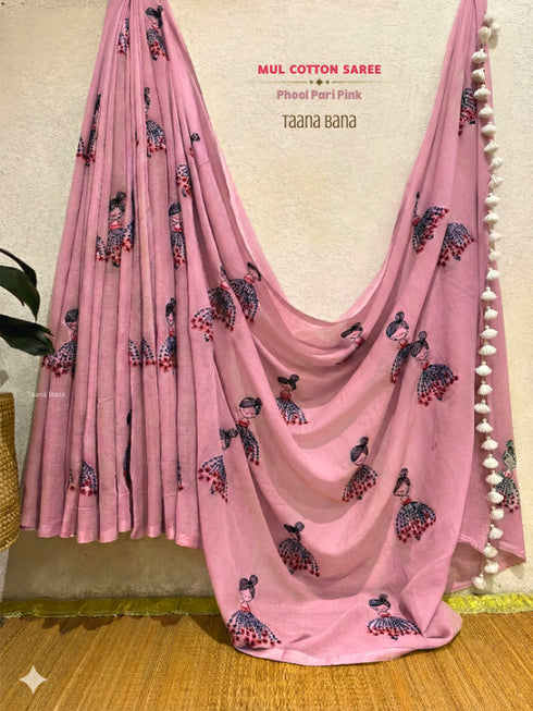Pink pure mul cotton saree with blue and pink embroidery