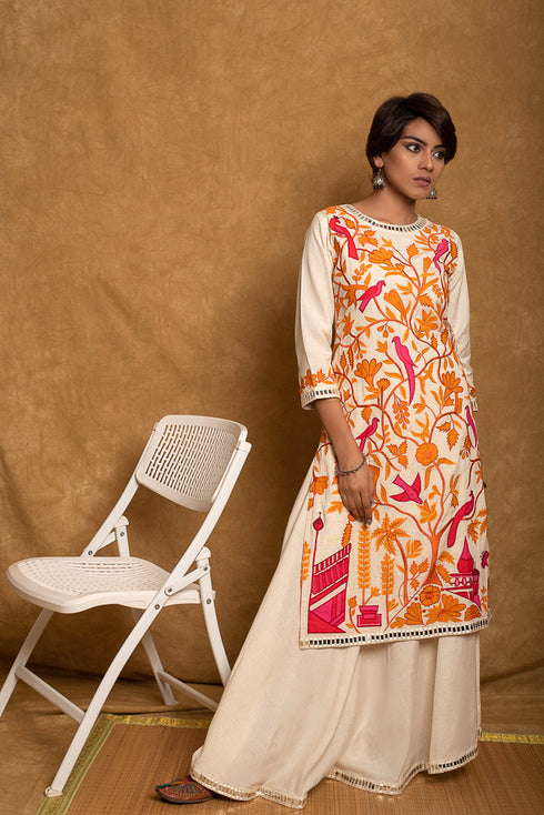 Orange Applique Kurti Skirt Set