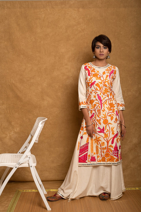 Orange Applique Kurti Skirt Set