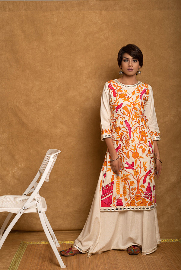 Orange Applique Kurti Skirt Set
