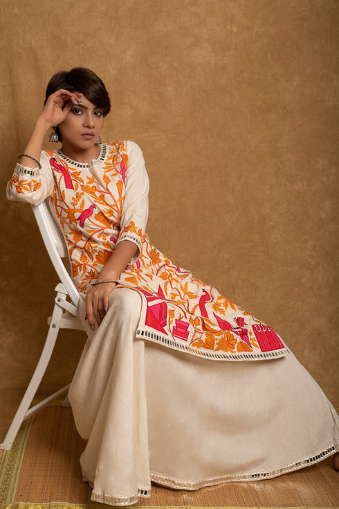 Orange Applique Kurti Skirt Set
