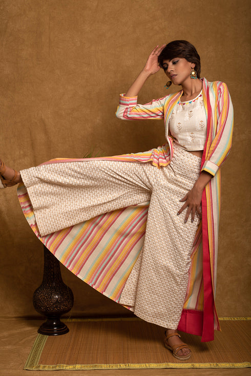 Stripe Jacket Crop Top Palazzo 3 piece set