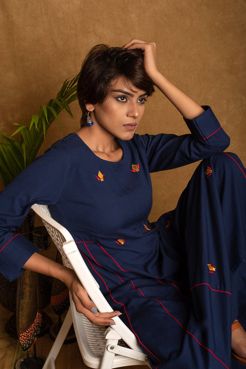 Denim Blue Cotton A-line Kurta Palazzo Set