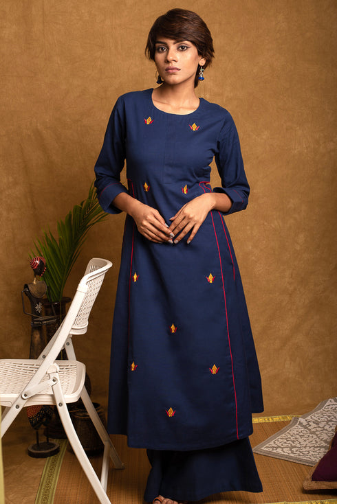Denim Blue Cotton A-line Kurta Palazzo Set