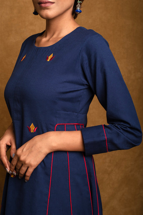 Denim Blue Cotton A-line Kurta Palazzo Set