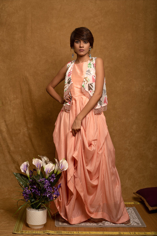 Peach Cowling Dress With Heavy Short Jacket