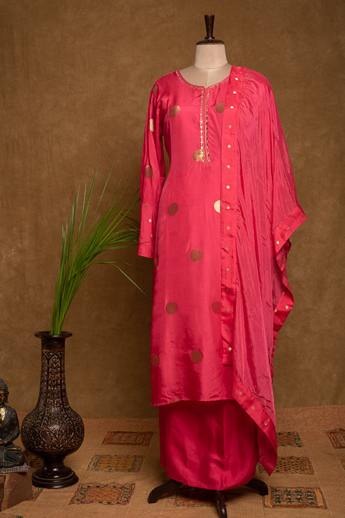 Pink Banarasi Polka Dot Pure Silk Semi Stitch Suit Set