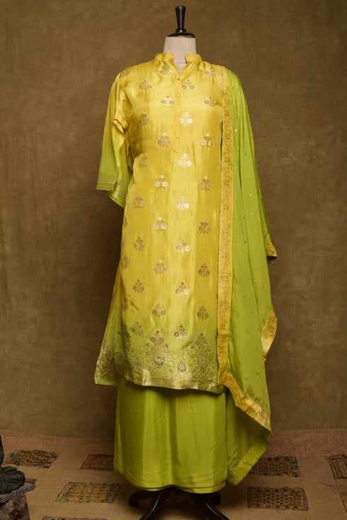 Lime Green Yellow Ombre Banarasi Embroidered Semi Stitch Suit Set
