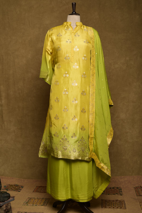 Lime Green Yellow Ombre Banarasi Embroidered Semi Stitch Suit Set
