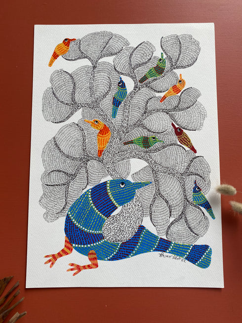 Multi Peacock Gond Wall Painting