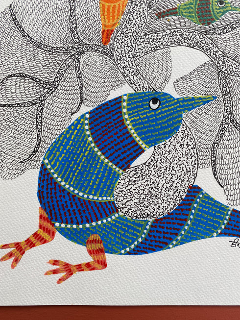 Multi Peacock Gond Wall Painting