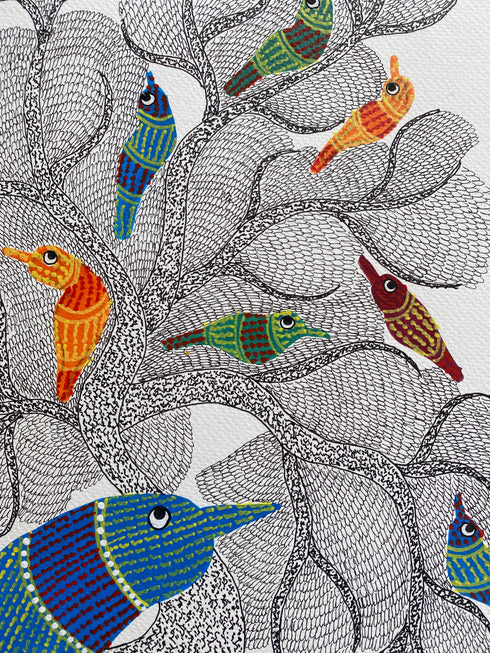 Multi Peacock Gond Wall Painting