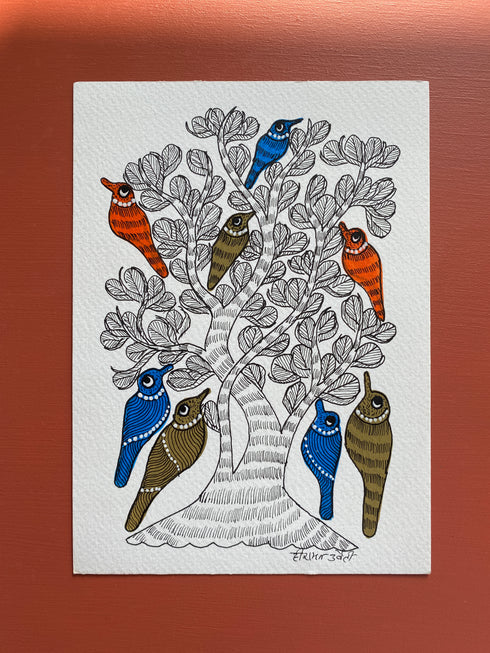 Multi coloured Gond wall painting of birds
