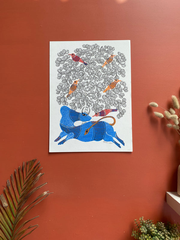 Traditional Gond wall painting of Bull and Birds