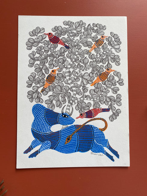 Traditional Gond wall painting of Cow and Hiran - Set of 2