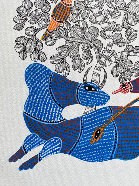 Traditional Gond wall painting of Bull and Birds