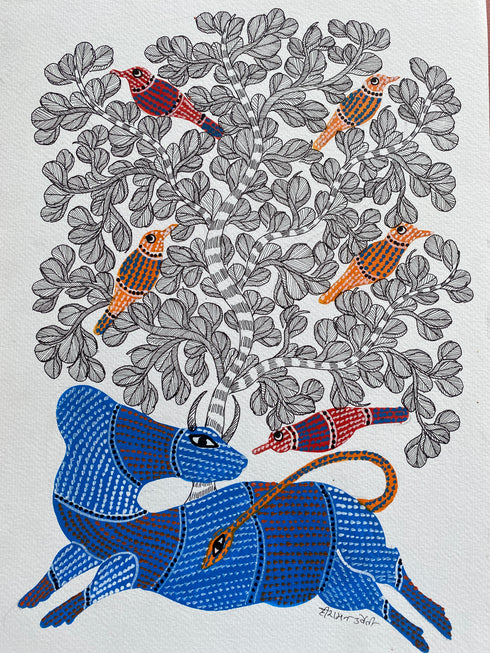 Traditional Gond wall painting of Bull and Birds