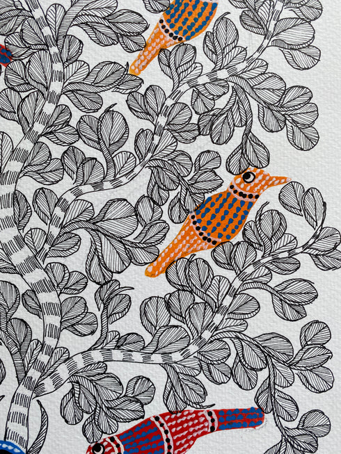 Traditional Gond wall painting of Bull and Birds