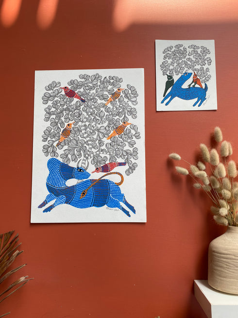 Traditional Gond wall painting of Cow and Hiran - Set of 2