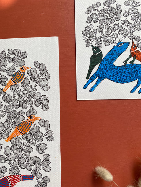 Traditional Gond wall painting of Cow and Hiran - Set of 2