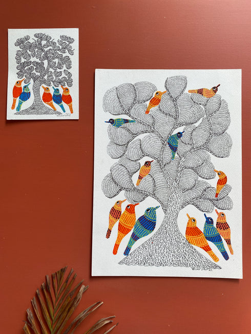 Traditional Gond wall painting of multi birds- 1 pc