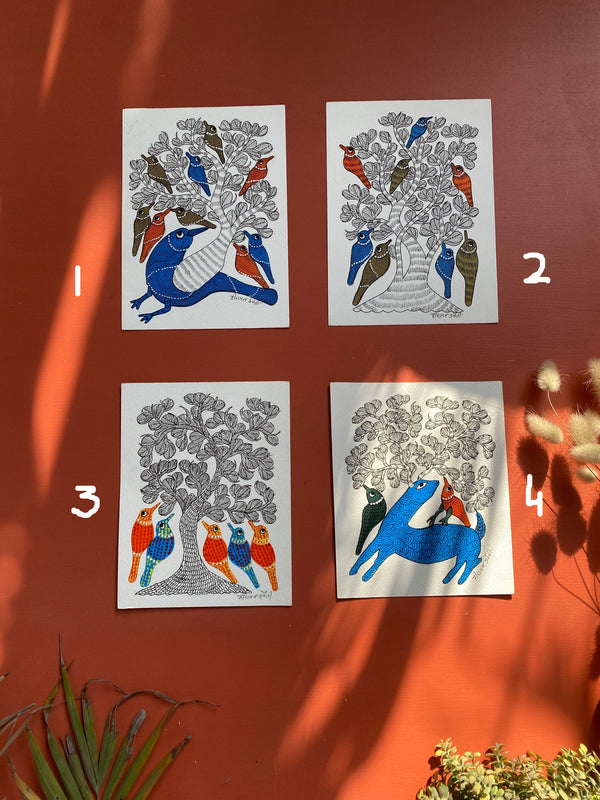 Traditional Gond wall painting of cow, birds and peacock