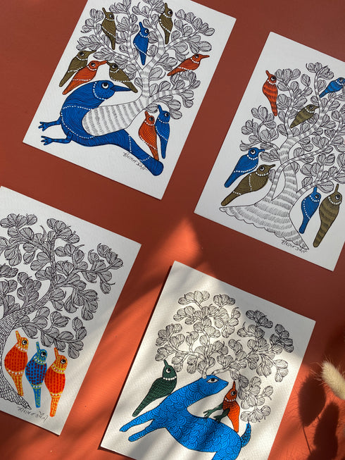 Traditional Gond wall painting of cow, birds and peacock