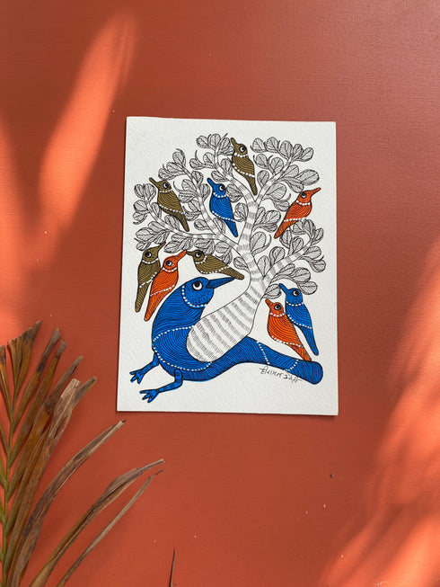 Traditional Gond wall painting of cow, birds and peacock