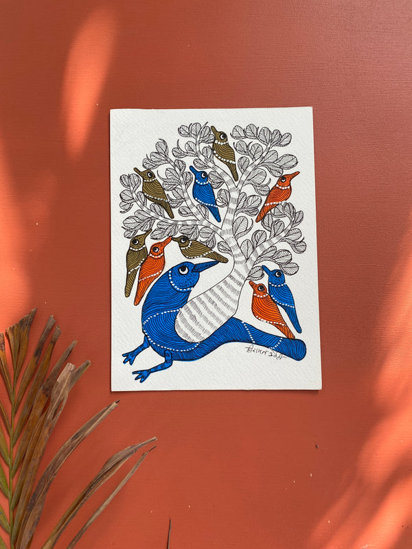Multi coloured Gond wall painting of Peacock