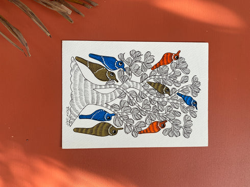 Traditional Gond wall painting of cow, birds and peacock