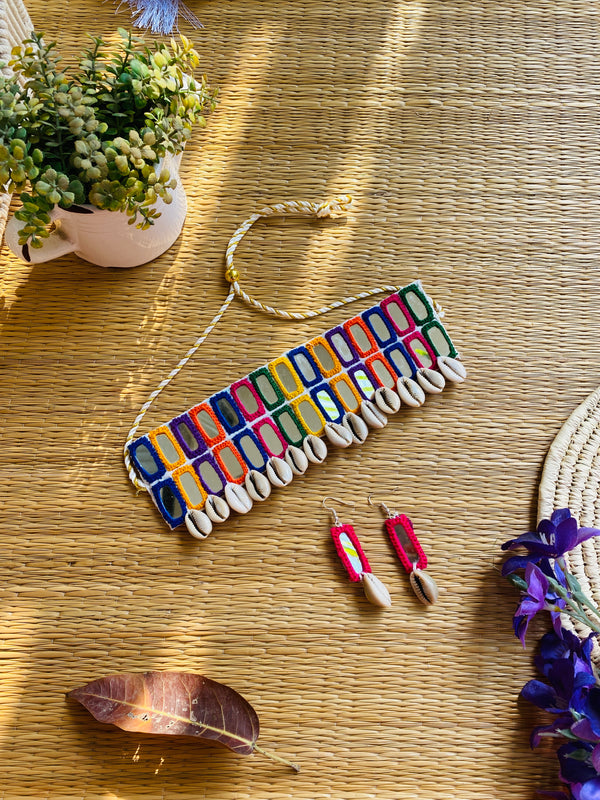 Multi Double Layer Mirror Choker with earrings