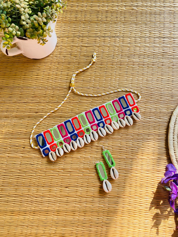 White Double Layer Multi Mirror Choker with earrings