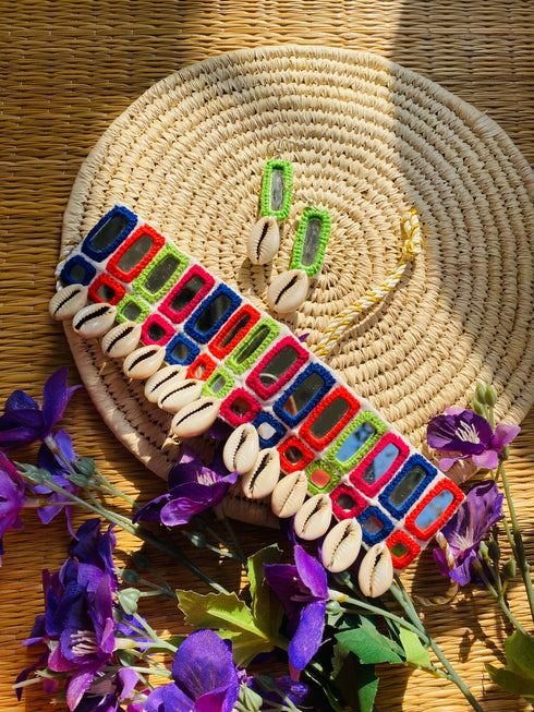 White Double Layer Multi Mirror Choker with earrings