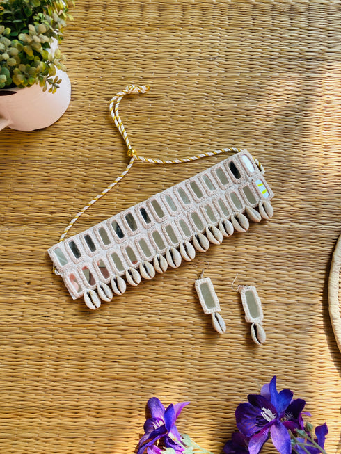 White Double Mirror Choker with earrings